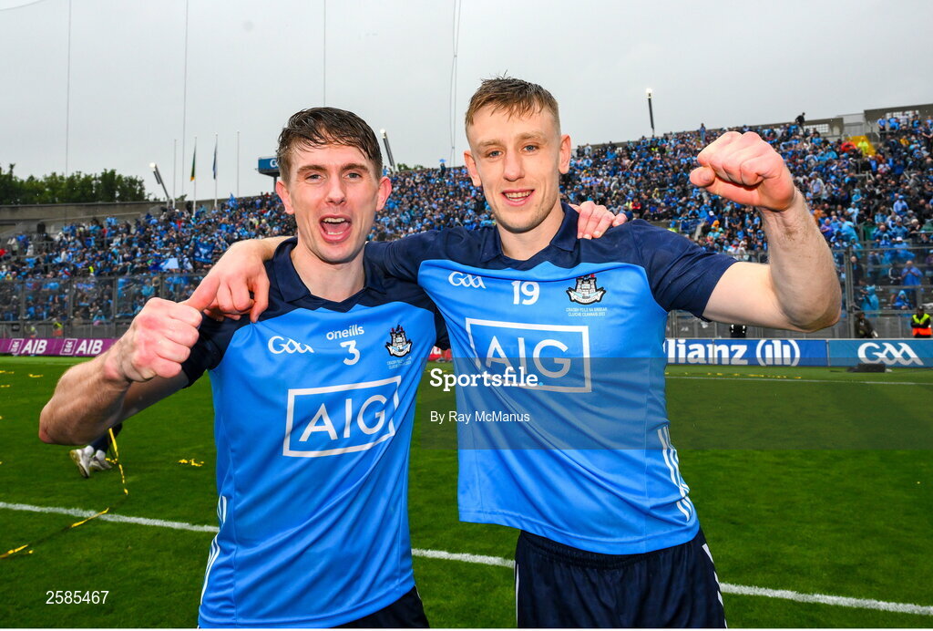 30 July 2023; Michael Fitzsimons and Tom Lahiff of Dublin after the GAA Football All-Ireland Senior Championship final match between Dublin and Kerry at Croke Park in Dublin. Photo by Ray McManus/Sportsfile