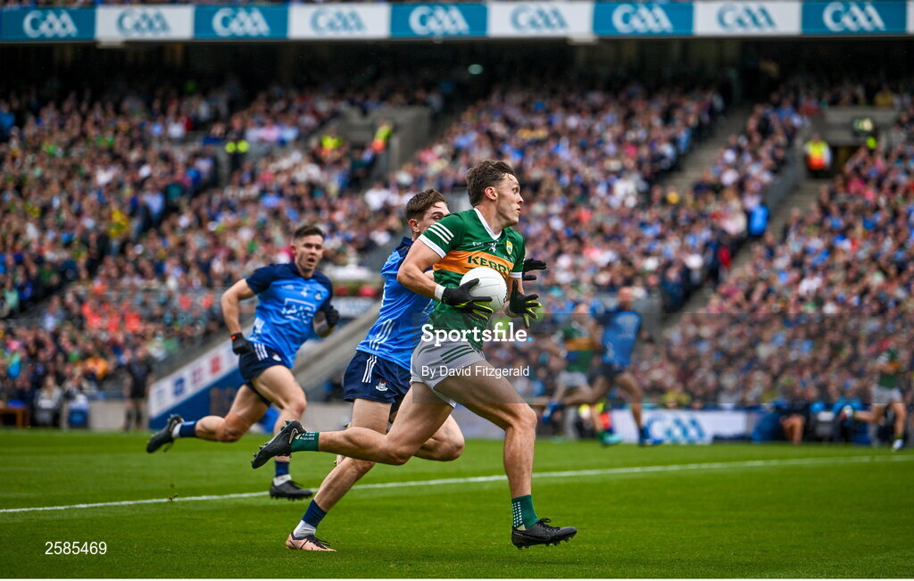 30 July 2023; David Clifford of Kerry in action against Michael Fitzsimons of Dublin during the GAA Football All-Ireland Senior Championship final match between Dublin and Kerry at Croke Park in Dublin. Photo by David Fitzgerald/Sportsfile