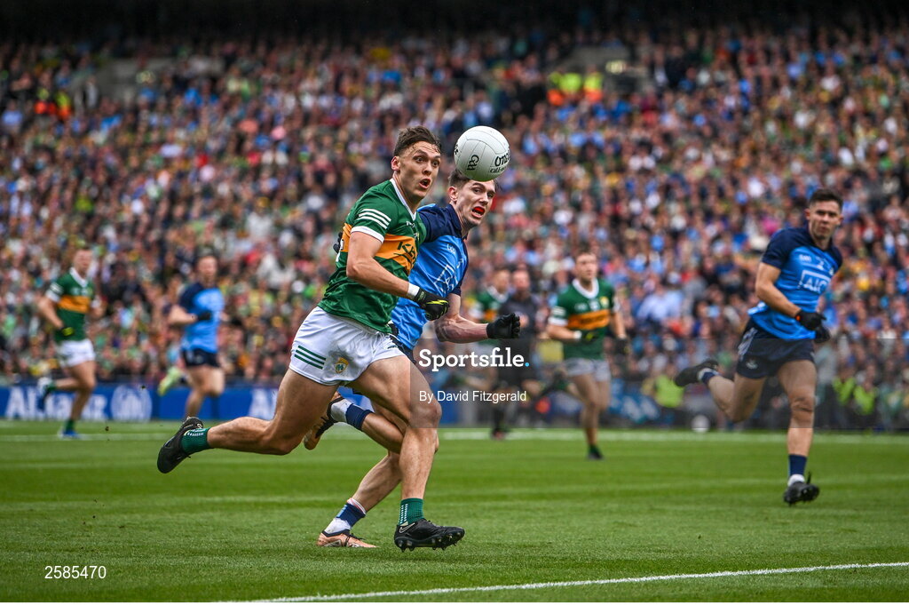 30 July 2023; David Clifford of Kerry in action against Michael Fitzsimons of Dublin during the GAA Football All-Ireland Senior Championship final match between Dublin and Kerry at Croke Park in Dublin. Photo by David Fitzgerald/Sportsfile