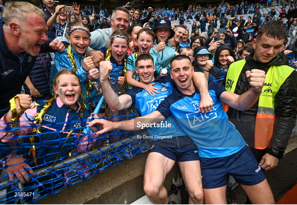 30 July 2023; Cormac Costello of Dublin, right, and Lee Gannon celebrate with supporters after the GAA Football All-Ireland Senior Championship final match between Dublin and Kerry at Croke Park in Dublin. Photo by David Fitzgerald/Sportsfile
