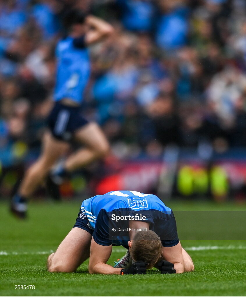 30 July 2023; Paul Mannion of Dublin drops to his knees at the final whistle after the GAA Football All-Ireland Senior Championship final match between Dublin and Kerry at Croke Park in Dublin. Photo by David Fitzgerald/Sportsfile