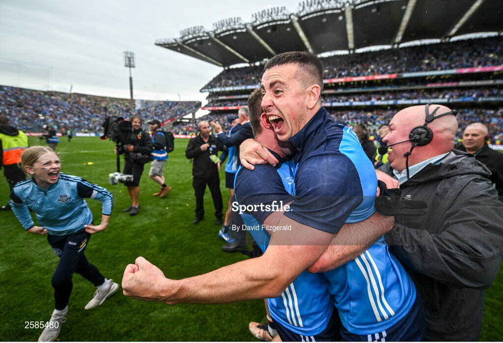 30 July 2023; Cormac Costello, right, of Dublin celebrates with teammate Jack McCaffrey after the GAA Football All-Ireland Senior Championship final match between Dublin and Kerry at Croke Park in Dublin. Photo by David Fitzgerald/Sportsfile
