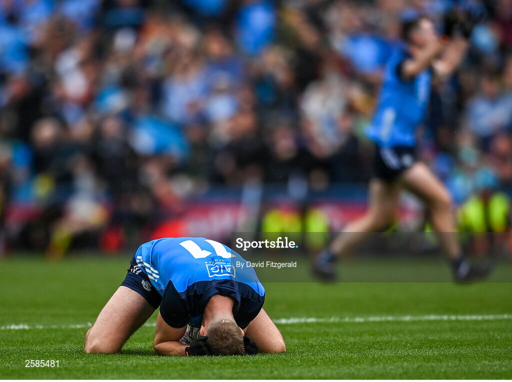 30 July 2023; Paul Mannion of Dublin drops to his knees at the final whistle after the GAA Football All-Ireland Senior Championship final match between Dublin and Kerry at Croke Park in Dublin. Photo by David Fitzgerald/Sportsfile