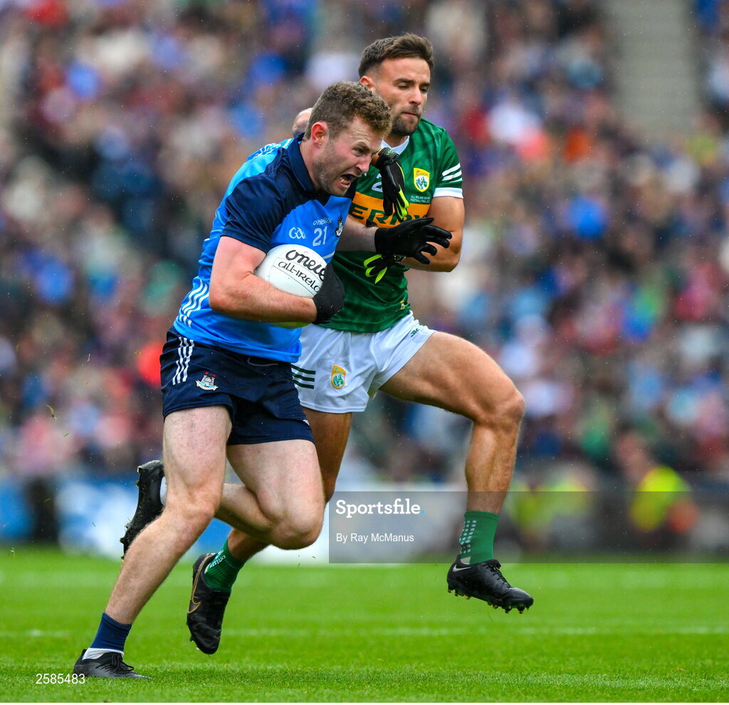 30 July 2023; Jack McCaffrey of Dublin races clear of Micheál Burns of Kerry during the GAA Football All-Ireland Senior Championship final match between Dublin and Kerry at Croke Park in Dublin. Photo by Ray McManus/Sportsfile