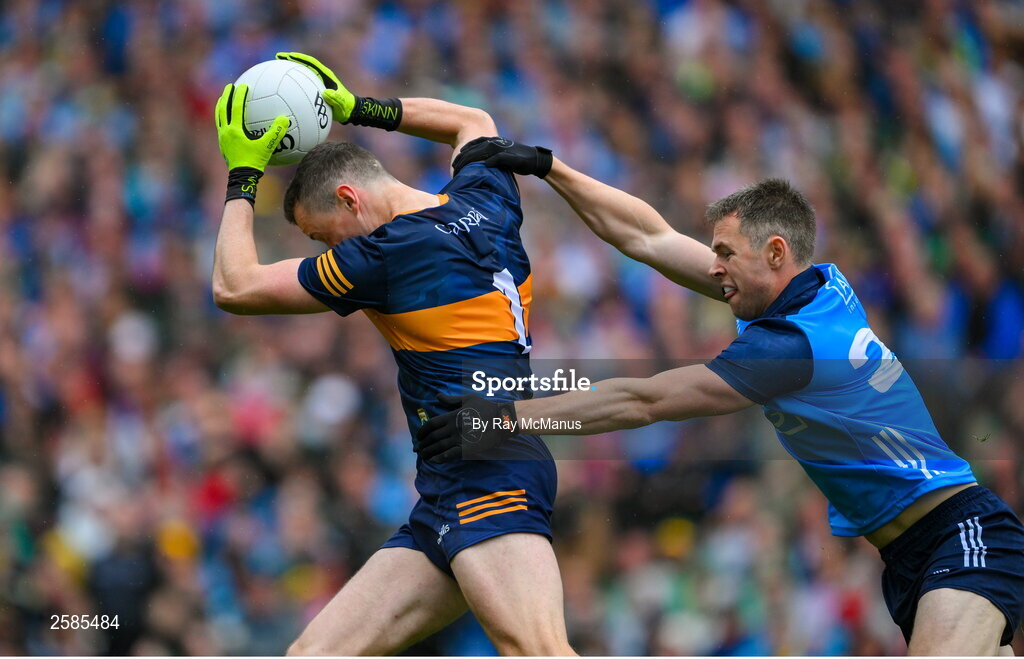 30 July 2023; Kerry goalkeeper Shane Ryan is tackled by Dean Rock of Dublin during the GAA Football All-Ireland Senior Championship final match between Dublin and Kerry at Croke Park in Dublin. Photo by Ray McManus/Sportsfile
