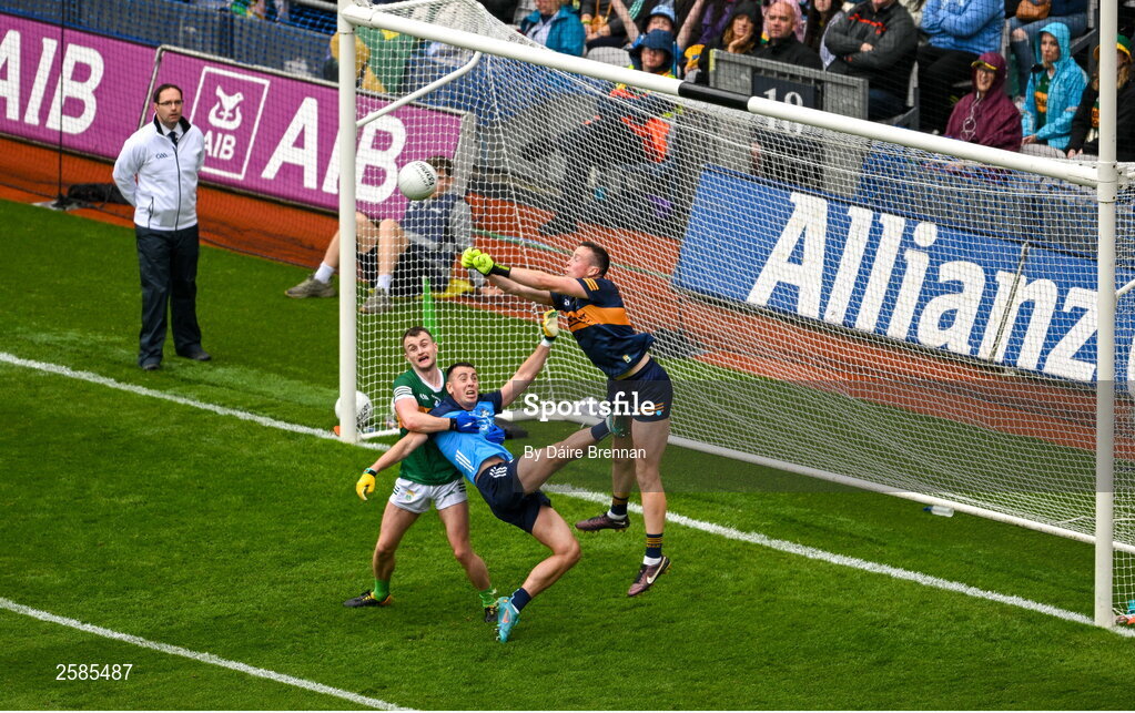 30 July 2023; Kerry goalkeeper Shane Ryan gets to the ball ahead of Cormac Costello of Dublin during the GAA Football All-Ireland Senior Championship final match between Dublin and Kerry at Croke Park in Dublin. Photo by Daire Brennan/Sportsfile