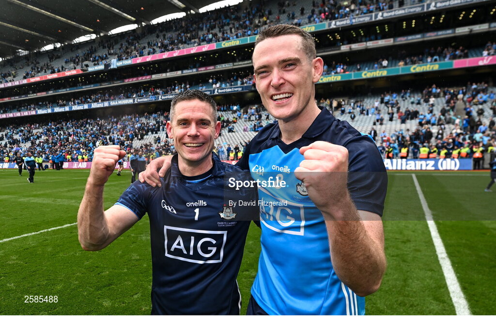30 July 2023; Stephen Cluxton, left, and Brian Fenton of Dublin celebrate after the GAA Football All-Ireland Senior Championship final match between Dublin and Kerry at Croke Park in Dublin. Photo by David Fitzgerald/Sportsfile
