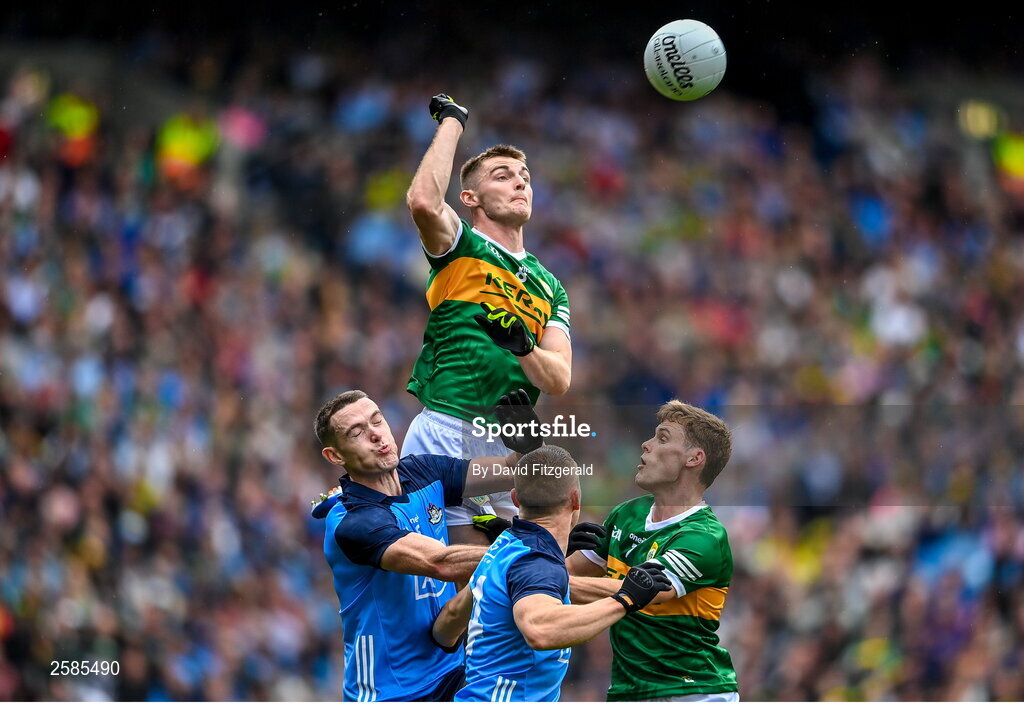 30 July 2023; Diarmuid O'Connor of Kerry wins a high ball the GAA Football All-Ireland Senior Championship final match between Dublin and Kerry at Croke Park in Dublin. Photo by David Fitzgerald/Sportsfile