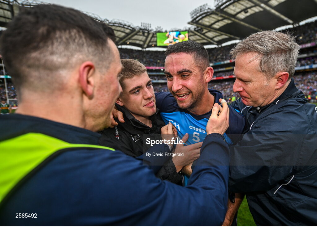 30 July 2023; James McCarthy of Dublin, centre, is congratulated after the GAA Football All-Ireland Senior Championship final match between Dublin and Kerry at Croke Park in Dublin. Photo by David Fitzgerald/Sportsfile
