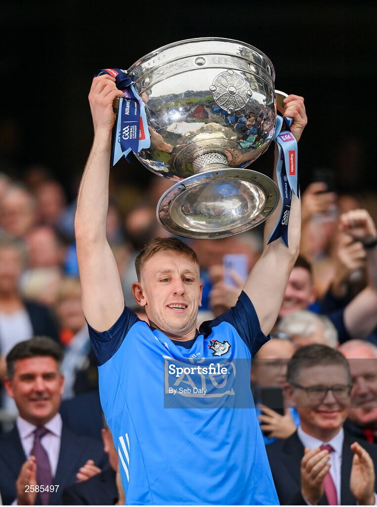 30 July 2023; Tom Lahiff of Dublin lifts the Sam Maguire Cup after his side's victory in the GAA Football All-Ireland Senior Championship final match between Dublin and Kerry at Croke Park in Dublin. Photo by Seb Daly/Sportsfile