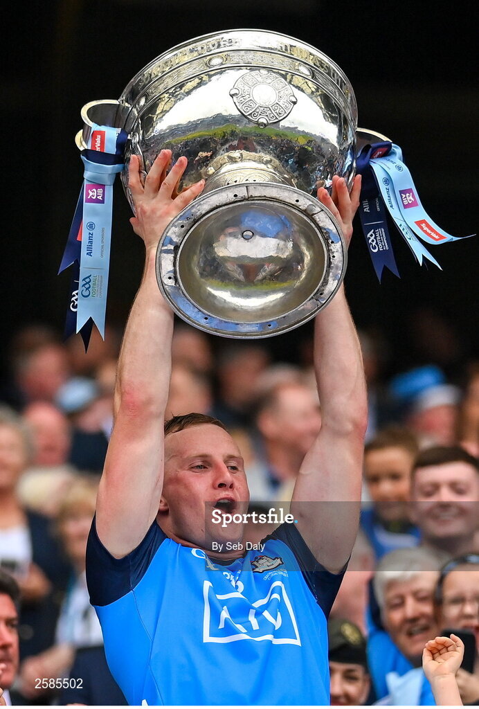 30 July 2023; Ciaran Kilkenny of Dublin lifts the Sam Maguire Cup after his side's victory in during the GAA Football All-Ireland Senior Championship final match between Dublin and Kerry at Croke Park in Dublin. Photo by Seb Daly/Sportsfile