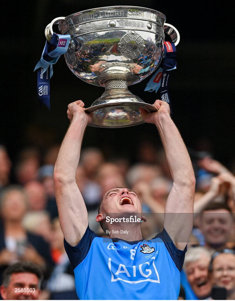 30 July 2023; Brian Fenton of Dublin lifts the Sam Maguire Cup after his side's victory in the GAA Football All-Ireland Senior Championship final match between Dublin and Kerry at Croke Park in Dublin. Photo by Seb Daly/Sportsfile
