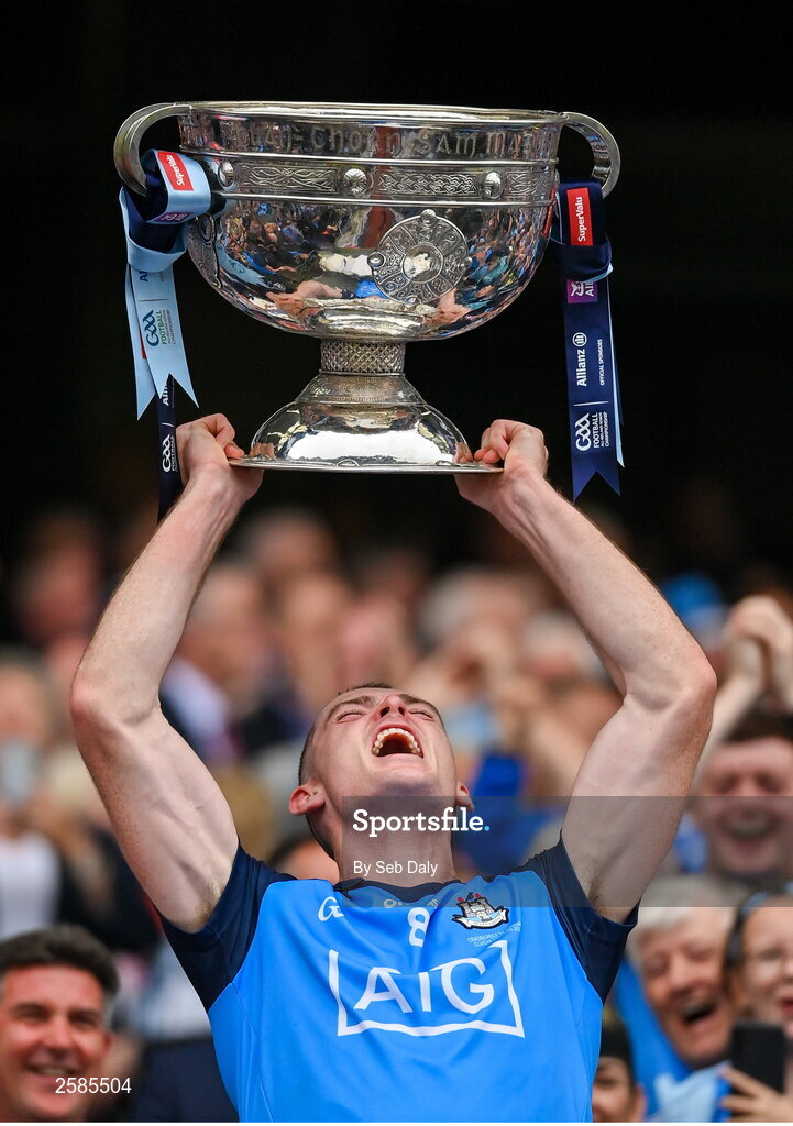30 July 2023; Brian Fenton of Dublin lifts the Sam Maguire Cup after his side's victory in the GAA Football All-Ireland Senior Championship final match between Dublin and Kerry at Croke Park in Dublin. Photo by Seb Daly/Sportsfile