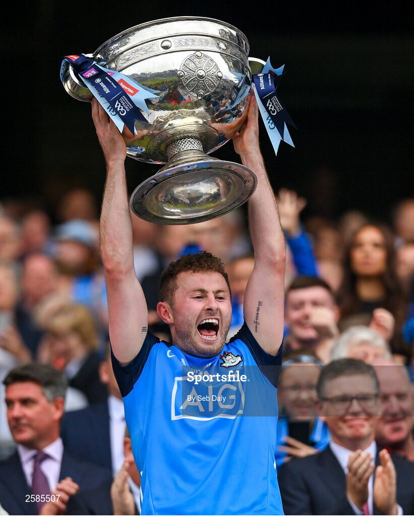 30 July 2023; Jack McCaffrey of Dublin lifts the Sam Maguire Cup after his side's victory in the GAA Football All-Ireland Senior Championship final match between Dublin and Kerry at Croke Park in Dublin. Photo by Seb Daly/Sportsfile