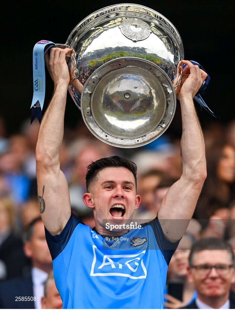 30 July 2023; David Byrne of Dublin lifts the Sam Maguire Cup after his side's victory in during the GAA Football All-Ireland Senior Championship final match between Dublin and Kerry at Croke Park in Dublin. Photo by Seb Daly/Sportsfile