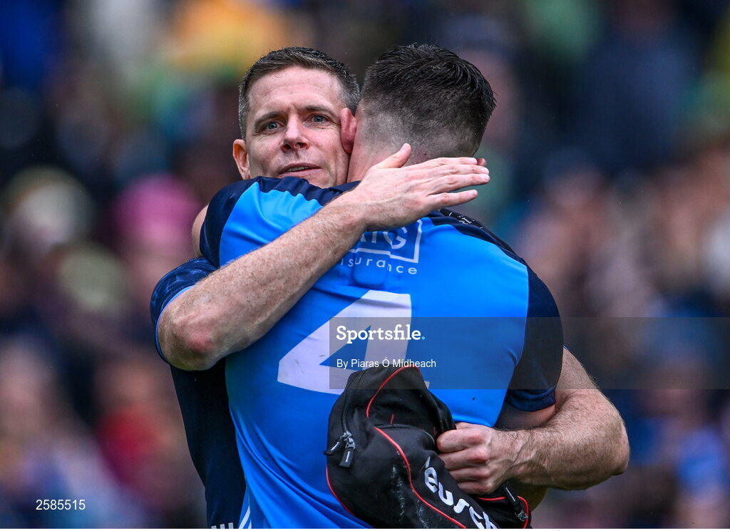 30 July 2023; Dublin players Stephen Cluxton, behind, and David Byrne celebrate after their side's victory in the GAA Football All-Ireland Senior Championship final match between Dublin and Kerry at Croke Park in Dublin. Photo by Piaras Ó Mídheach/Sportsfile