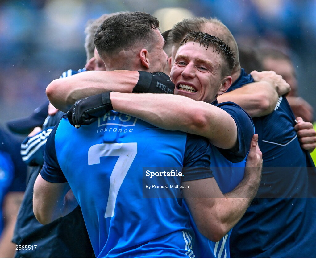 30 July 2023; Dublin players John Small and Lee Gannon, 7, celebrate after their side's victory in the GAA Football All-Ireland Senior Championship final match between Dublin and Kerry at Croke Park in Dublin. Photo by Piaras Ó Mídheach/Sportsfile