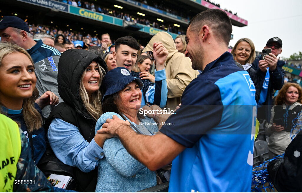 30 July 2023; James McCarthy of Dublin celebrates with his mother Marian, centre, and wife Clodagh, second from left, after the GAA Football All-Ireland Senior Championship final match between Dublin and Kerry at Croke Park in Dublin. Photo by Brendan Moran/Sportsfile