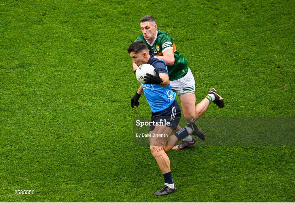 30 July 2023; David Byrne of Dublin in action against Paul Geaney of Kerry during the GAA Football All-Ireland Senior Championship final match between Dublin and Kerry at Croke Park in Dublin. Photo by Daire Brennan/Sportsfile