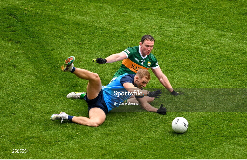 30 July 2023; Paul Mannion of Dublin in action against Tadhg Morley of Kerry during the GAA Football All-Ireland Senior Championship final match between Dublin and Kerry at Croke Park in Dublin. Photo by Daire Brennan/Sportsfile