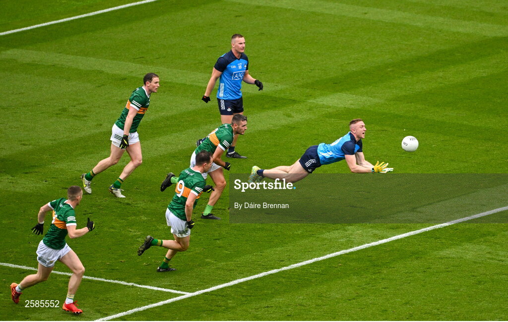 30 July 2023; Paddy Small of Dublin in action against Graham O'Sullivan of Kerry during the GAA Football All-Ireland Senior Championship final match between Dublin and Kerry at Croke Park in Dublin. Photo by Daire Brennan/Sportsfile