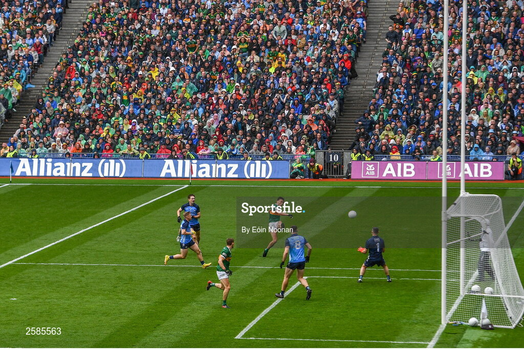 30 July 2023; David Clifford of Kerry has a shot on goal which goes wide during the GAA Football All-Ireland Senior Championship final match between Dublin and Kerry at Croke Park in Dublin. Photo by Eóin Noonan/Sportsfile