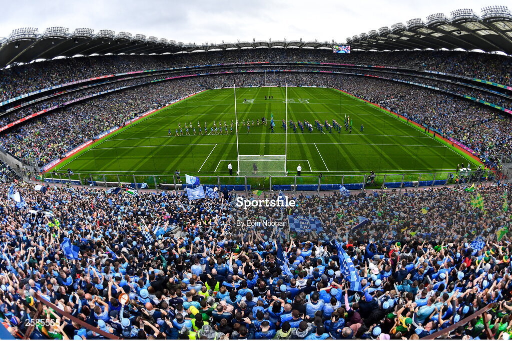 30 July 2023; Players from both teams march behind the Artane Band before the GAA Football All-Ireland Senior Championship final match between Dublin and Kerry at Croke Park in Dublin. Photo by Eóin Noonan/Sportsfile
