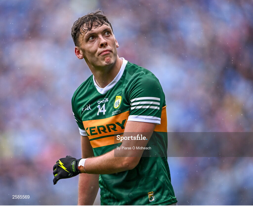 30 July 2023; David Clifford of Kerry reacts after a missed chance during the GAA Football All-Ireland Senior Championship final match between Dublin and Kerry at Croke Park in Dublin. Photo by Piaras Ó Mídheach/Sportsfile