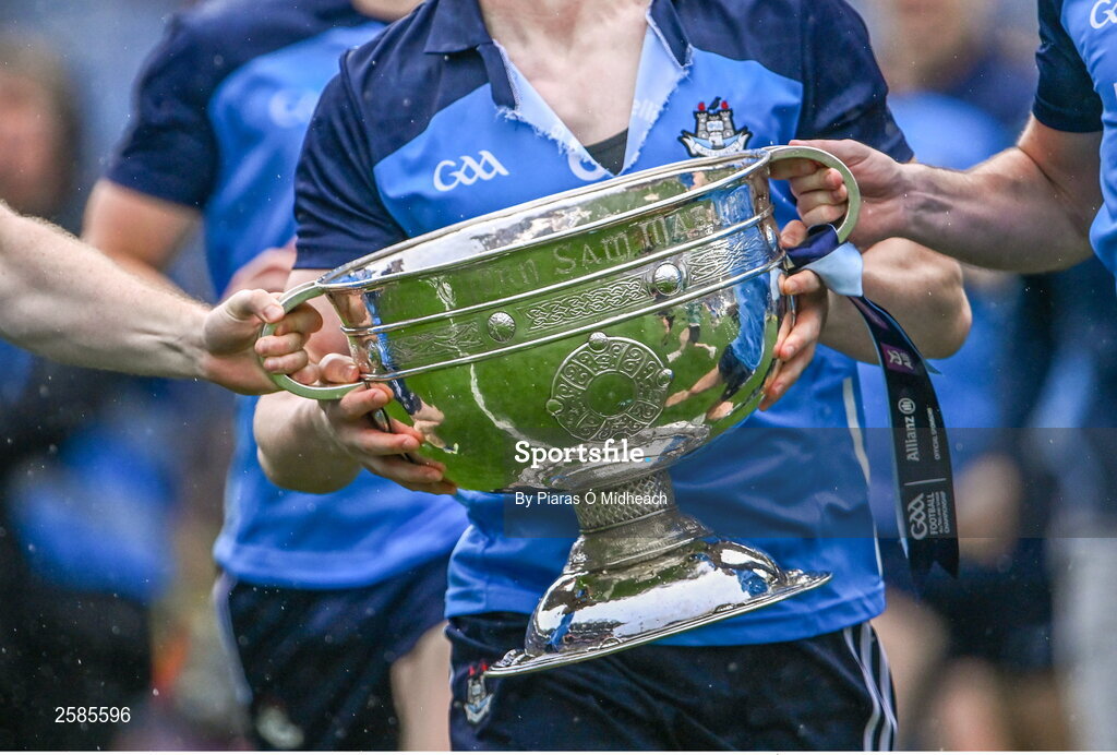 30 July 2023; The Sam Maguire Cup during the Dublin celebrations after the GAA Football All-Ireland Senior Championship final match between Dublin and Kerry at Croke Park in Dublin. Photo by Piaras Ó Mídheach/Sportsfile