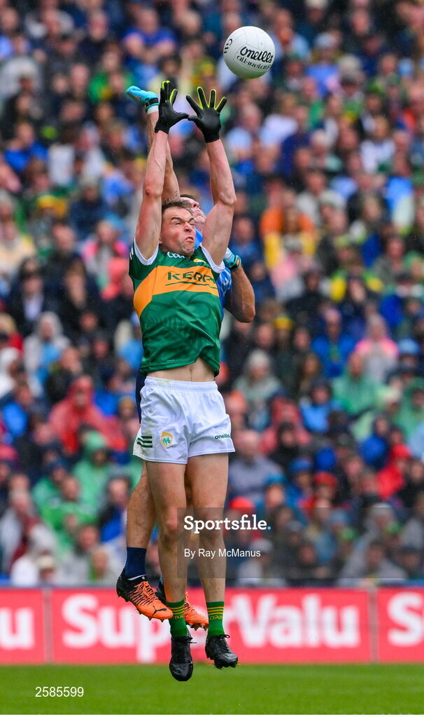 30 July 2023; Brian Howard of Dublin and Jack Barry of Kerry jump for the ball during the GAA Football All-Ireland Senior Championship final match between Dublin and Kerry at Croke Park in Dublin. Photo by Ray McManus/Sportsfile
