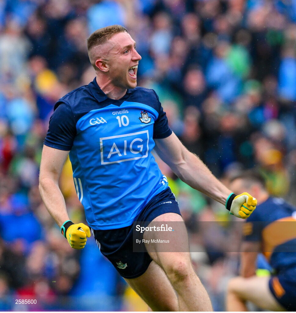30 July 2023; Paddy Small of Dublin celebrates his 46th minute goal during the GAA Football All-Ireland Senior Championship final match between Dublin and Kerry at Croke Park in Dublin. Photo by Ray McManus/Sportsfile