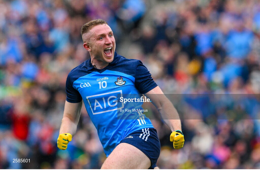 30 July 2023; Paddy Small of Dublin celebrates his 46th minute goal during the GAA Football All-Ireland Senior Championship final match between Dublin and Kerry at Croke Park in Dublin. Photo by Ray McManus/Sportsfile