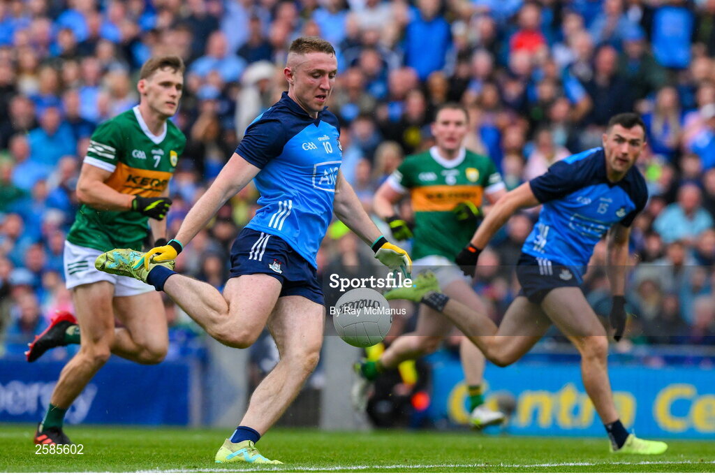 30 July 2023; Paddy Small of Dublin kicks his 46th minute goal during the GAA Football All-Ireland Senior Championship final match between Dublin and Kerry at Croke Park in Dublin. Photo by Ray McManus/Sportsfile