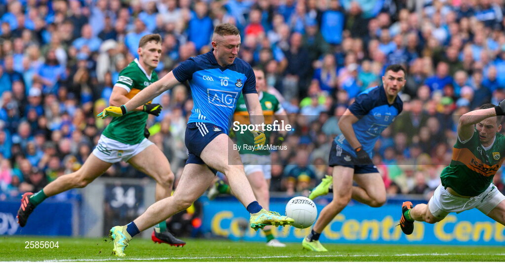 30 July 2023; Paddy Small of Dublin kicks his 46th minute goal during the GAA Football All-Ireland Senior Championship final match between Dublin and Kerry at Croke Park in Dublin. Photo by Ray McManus/Sportsfile