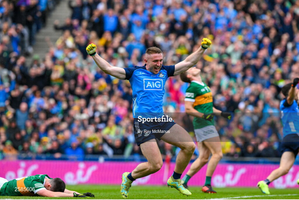 30 July 2023; Paddy Small of Dublin celebrates his 46th minute goal during the GAA Football All-Ireland Senior Championship final match between Dublin and Kerry at Croke Park in Dublin. Photo by Ray McManus/Sportsfile