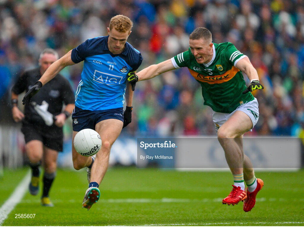 30 July 2023; Paul Mannion of Dublin is tackled by Tom O'Sullivan of Kerry during the GAA Football All-Ireland Senior Championship final match between Dublin and Kerry at Croke Park in Dublin. Photo by Ray McManus/Sportsfile