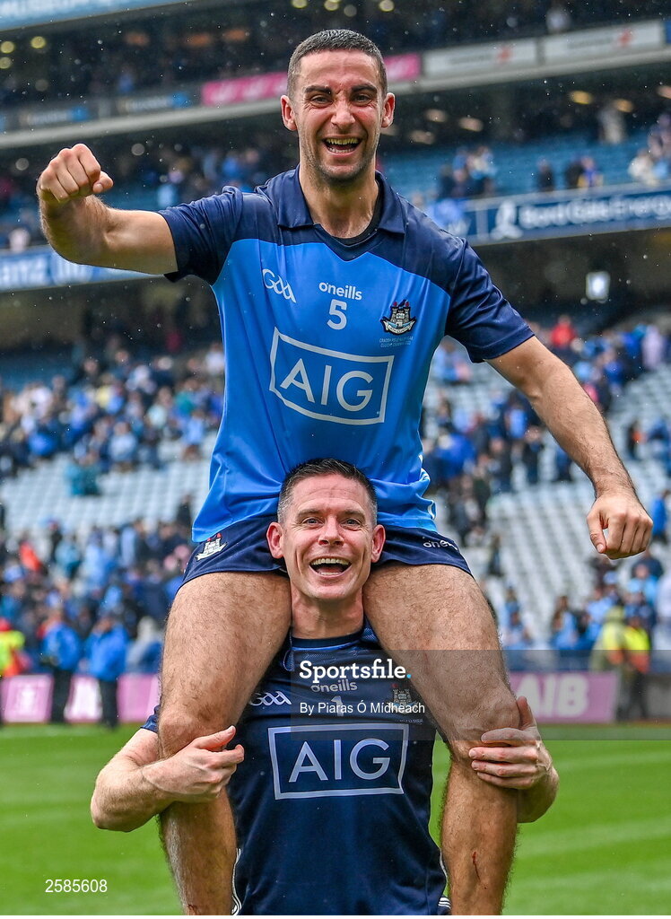 30 July 2023; Dublin players Stephen Cluxton and James McCarthy, 5, celebrate after their side's victory in the GAA Football All-Ireland Senior Championship final match between Dublin and Kerry at Croke Park in Dublin. Photo by Piaras Ó Mídheach/Sportsfile