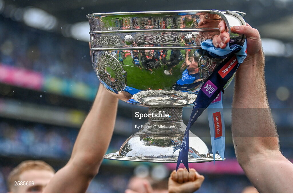 30 July 2023; The Sam Maguire Cup during the Dublin celebrations after the GAA Football All-Ireland Senior Championship final match between Dublin and Kerry at Croke Park in Dublin. Photo by Piaras Ó Mídheach/Sportsfile