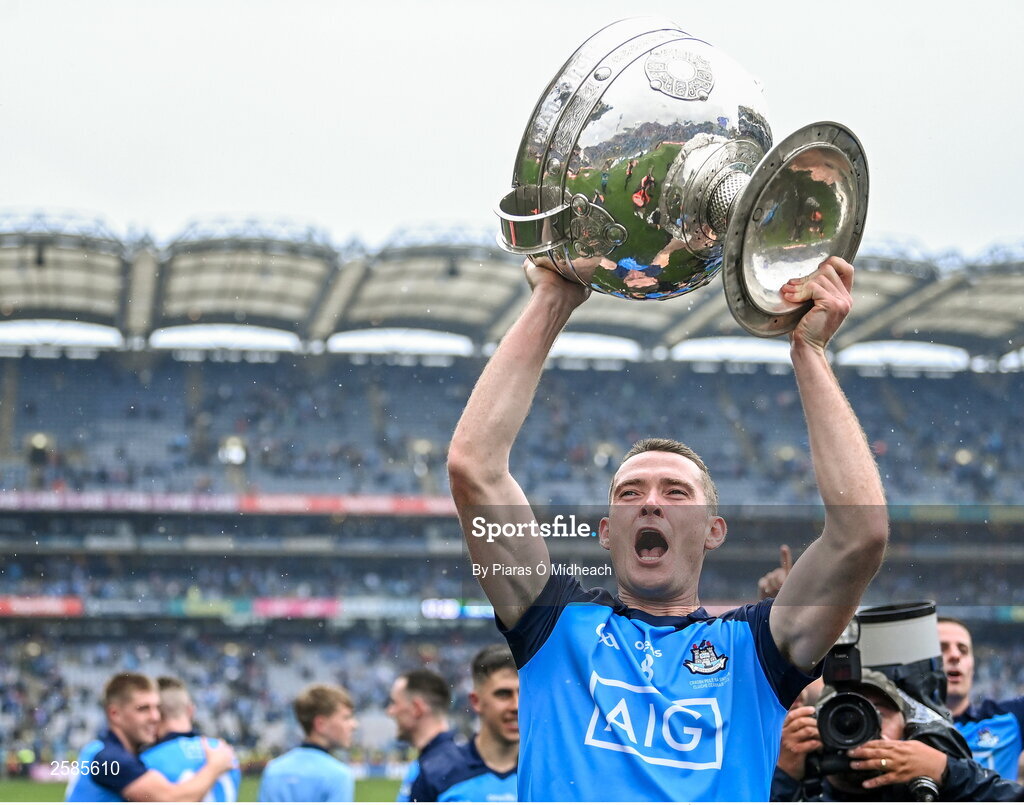30 July 2023; Brian Fenton of Dublin celebrates with the Sam Maguire Cup after his side's victory in the GAA Football All-Ireland Senior Championship final match between Dublin and Kerry at Croke Park in Dublin. Photo by Piaras Ó Mídheach/Sportsfile