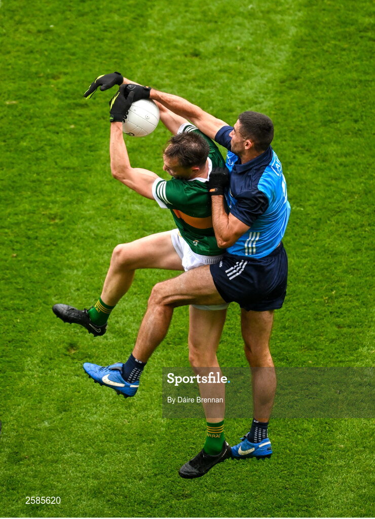 30 July 2023; Jack Barry of Kerry in action against James McCarthy of Dublin during the GAA Football All-Ireland Senior Championship final match between Dublin and Kerry at Croke Park in Dublin. Photo by Daire Brennan/Sportsfile