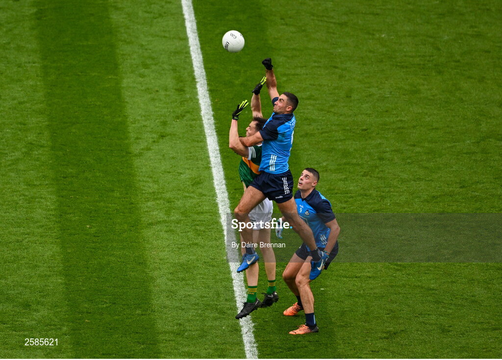 30 July 2023; James McCarthy of Dublin in action against Jack Barry of Kerry during the GAA Football All-Ireland Senior Championship final match between Dublin and Kerry at Croke Park in Dublin. Photo by Daire Brennan/Sportsfile