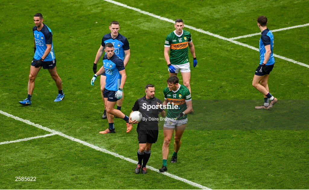 30 July 2023; David Clifford of Kerry protests to referee David Gough after receiving a yellow card during the GAA Football All-Ireland Senior Championship final match between Dublin and Kerry at Croke Park in Dublin. Photo by Daire Brennan/Sportsfile