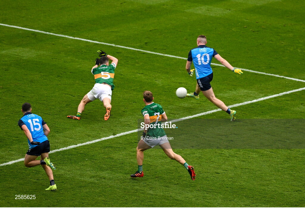 30 July 2023; Paddy Small of Dublin scores his side's first goal during the GAA Football All-Ireland Senior Championship final match between Dublin and Kerry at Croke Park in Dublin. Photo by Daire Brennan/Sportsfile