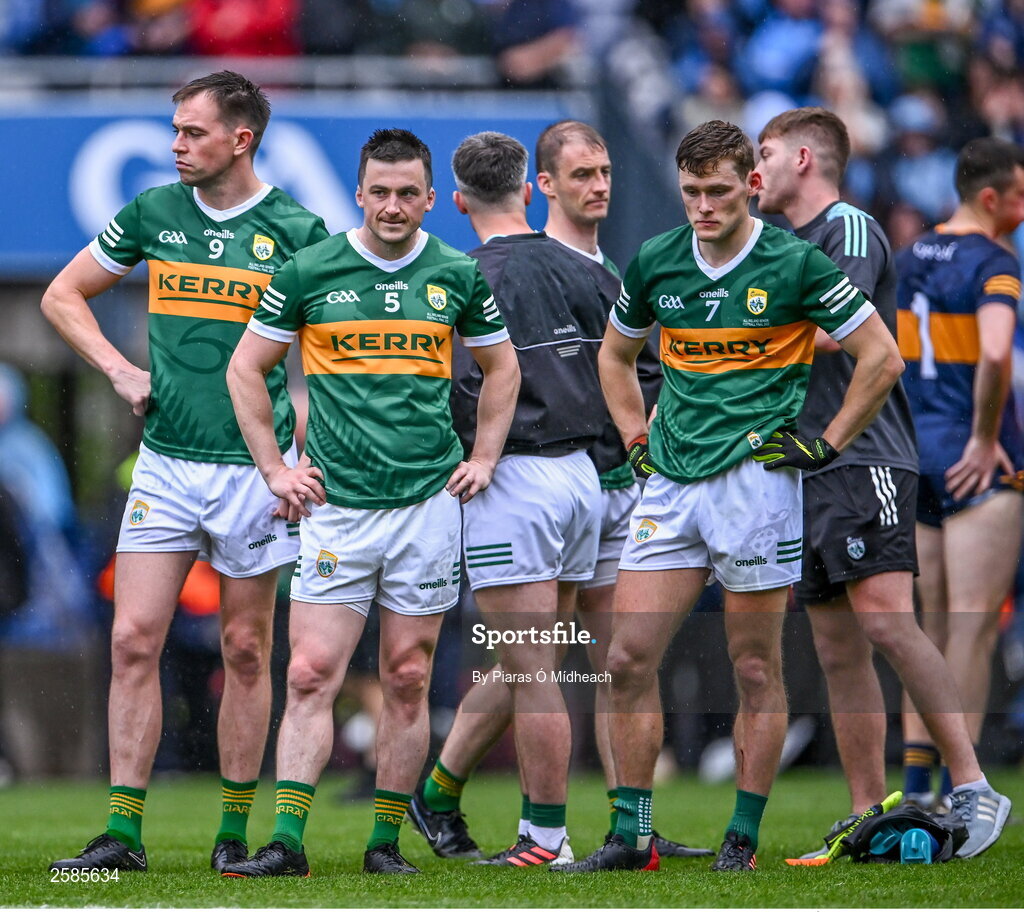 30 July 2023; Kerry players Jack Barry, 9, Paul Murphy, 5, and Gavin White, 7, after their side's defeat in the GAA Football All-Ireland Senior Championship final match between Dublin and Kerry at Croke Park in Dublin. Photo by Piaras Ó Mídheach/Sportsfile