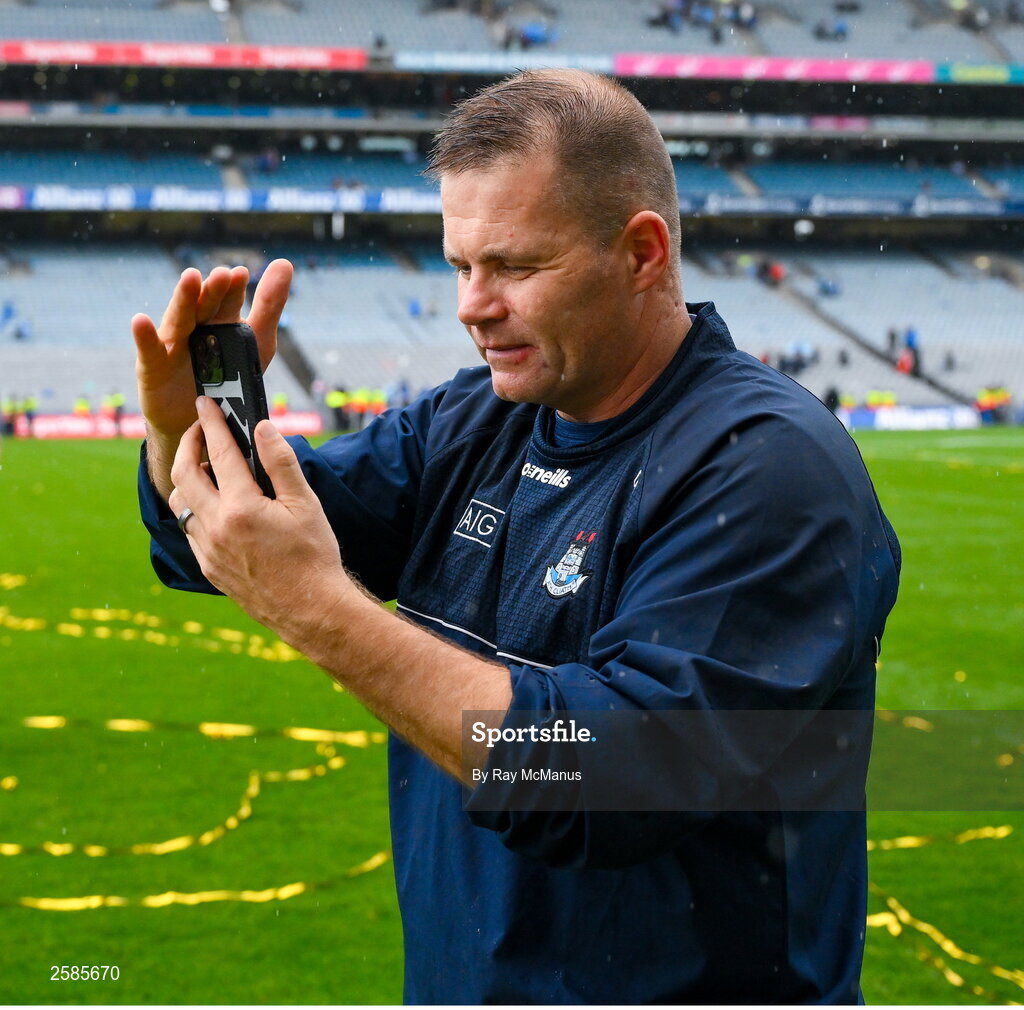 30 July 2023; Dublin manager Dessie Farrell on a call after the GAA Football All-Ireland Senior Championship final match between Dublin and Kerry at Croke Park in Dublin. Photo by Ray McManus/Sportsfile