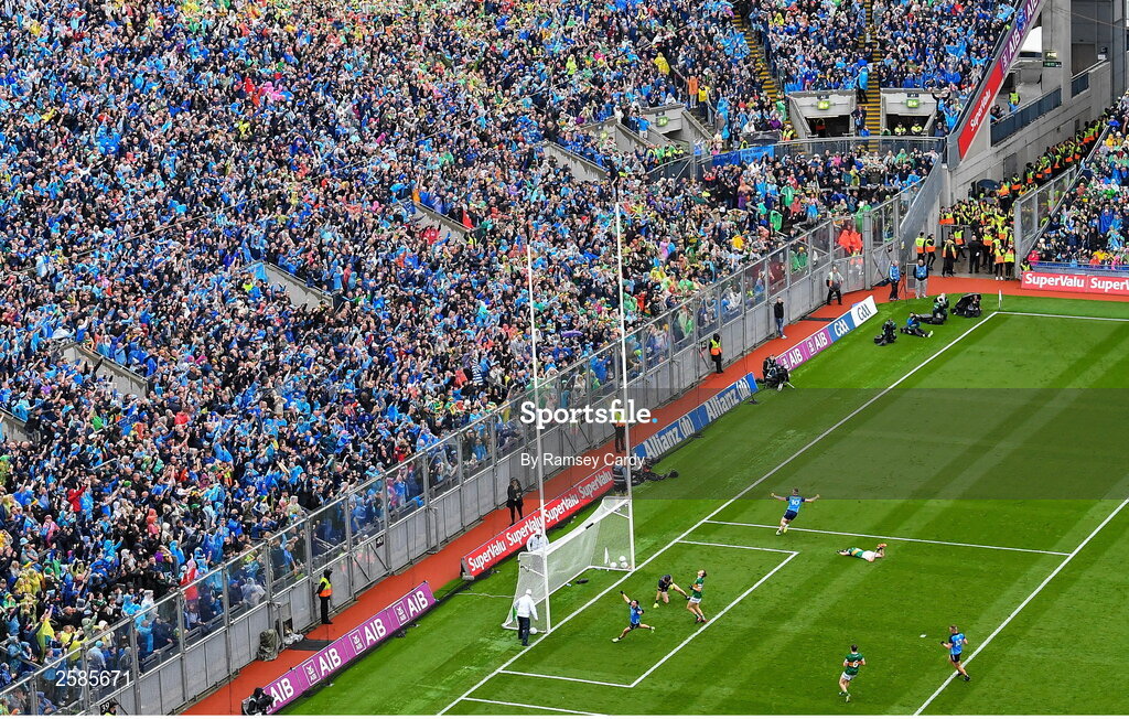 30 July 2023; Paddy Small of Dublin celebrates after scoring his side's first goal past Kerry goalkeeper Shane Ryan in front of Hill 16 during the GAA Football All-Ireland Senior Championship final match between Dublin and Kerry at Croke Park in Dublin. Photo by Ramsey Cardy/Sportsfile