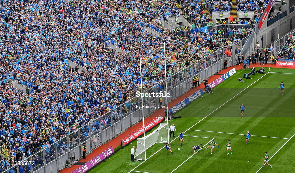 30 July 2023; Paul Geaney of Kerry shoots to score his side's first goal past Dublin goalkeeper Stephen Cluxton during the GAA Football All-Ireland Senior Championship final match between Dublin and Kerry at Croke Park in Dublin. Photo by Ramsey Cardy/Sportsfile