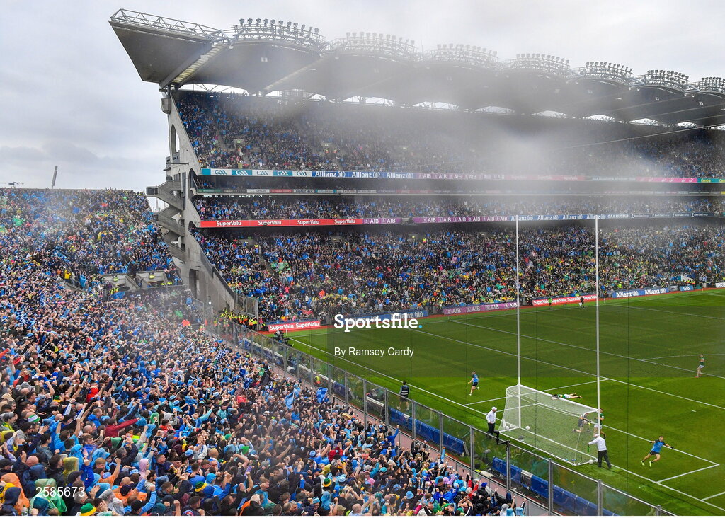30 July 2023; Paddy Small of Dublin celebrates after scoring his side's first goal during the GAA Football All-Ireland Senior Championship final match between Dublin and Kerry at Croke Park in Dublin. Photo by Ramsey Cardy/Sportsfile