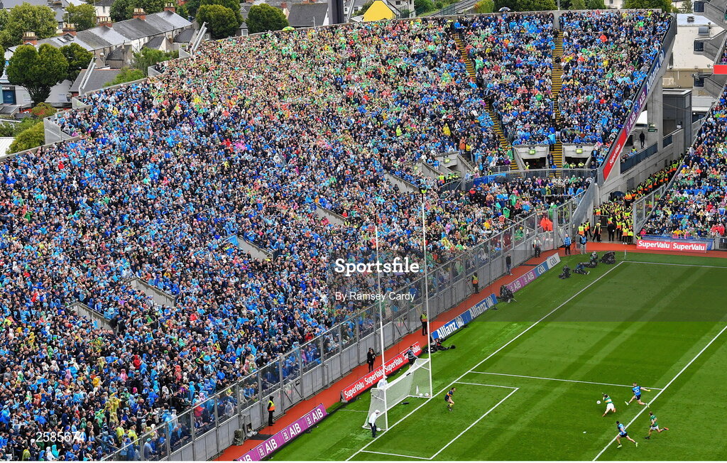 30 July 2023; Paddy Small of Dublin shoots to score his side's first goal past Kerry goalkeeper Shane Ryan in front of Hill 16 during the GAA Football All-Ireland Senior Championship final match between Dublin and Kerry at Croke Park in Dublin. Photo by Ramsey Cardy/Sportsfile