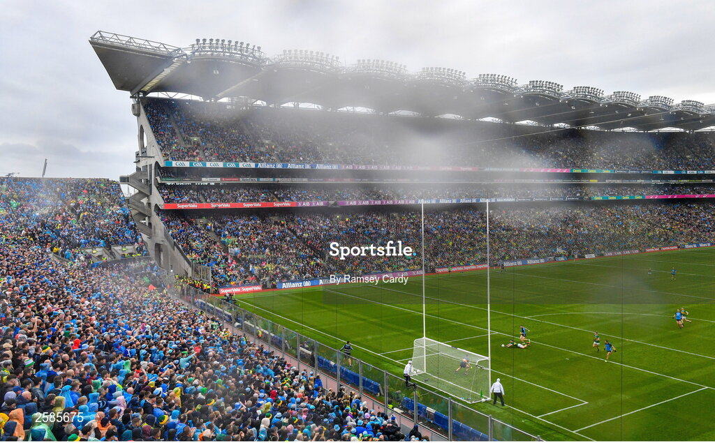 30 July 2023; A general view as Paddy Small of Dublin shoots to score his side's first goal despite the efforts of Paul Murphy of Kerry during the GAA Football All-Ireland Senior Championship final match between Dublin and Kerry at Croke Park in Dublin. Photo by Ramsey Cardy/Sportsfile
